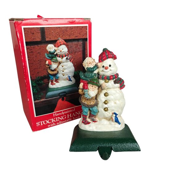 Vintage Handpainted Christmas Stocking Hanger Cast Iron Adjustable Hook Elves - Picture 1 of 8